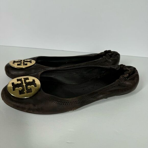 Tory Burch Classic Reva Chocolate Brown Leather Ballet Flats Gold Womens Size 10 - Picture 3 of 13